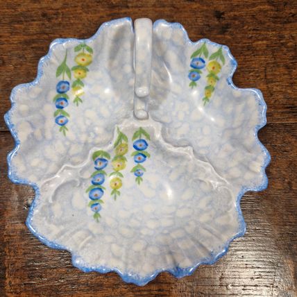 Vintage Blue Victoria Hand Painted Three Section Dish with Handle