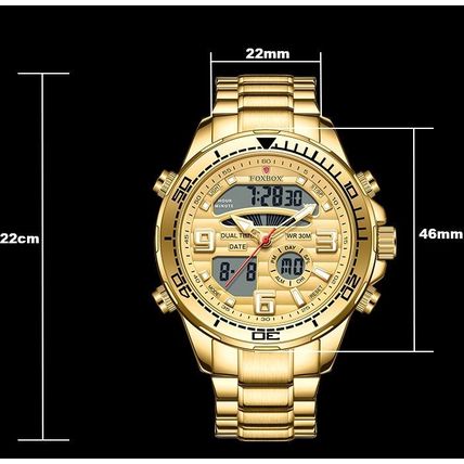 Gents Heavy Large Gold Dual Time Face Silver Stainless Steel Bracelet Watch Box