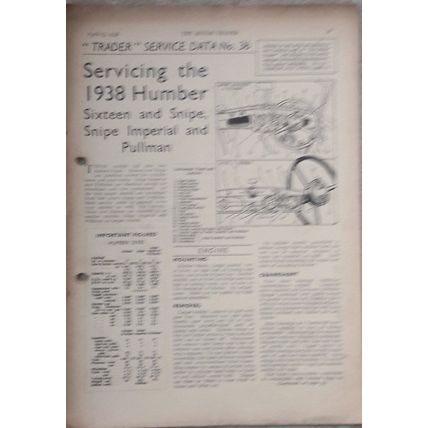 HUMBER 1937-38, 16 & SNIPE, SNIPE IMPERIAL & PULLMAN Motor Trader Service Data