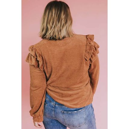 Brown Plus Size Solid Ruffled Tiered Long Sleeve Top