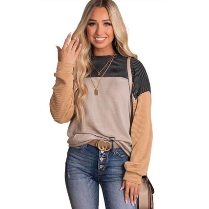 Black Color Block Long Sleeve Ribbed Loose Top