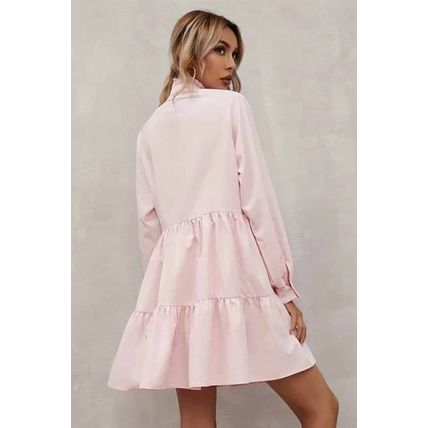Pink Frilled Stand Collar Long Sleeve Ruffle Dress