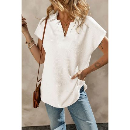 White Textured V Neck Collared Short Sleeve Top