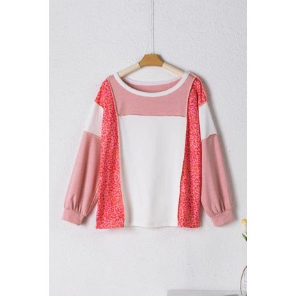 Peach Blossom Leopard Colorblock Patchwork Exposed Seam Top