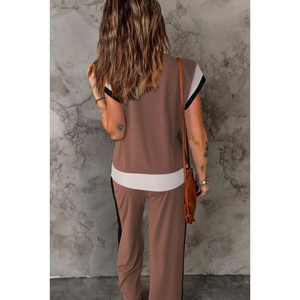 Chestnut Color Block Detail Casual Two-piece Outfit