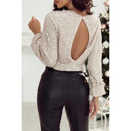 Silvery Sequin Puff Sleeve Cutout Back Blouse