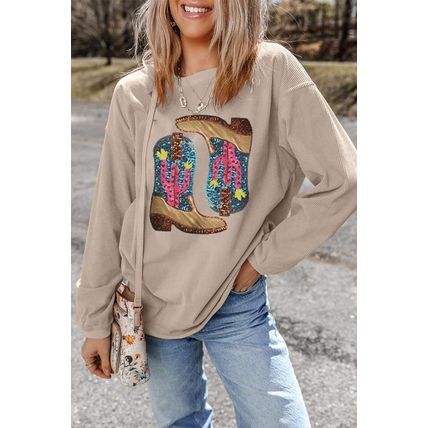 Smoke Gray Western Cowboy Boots Graphic Corded Loose Sweatshirt