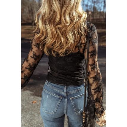 Black Lace Mesh Crochet Splicing Slim Fit Long Sleeve Blouse