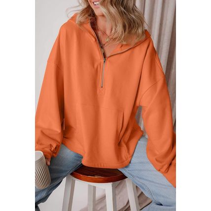 Orange Fleece Lined Half Zipper Kangaroo Pockets Loose Hoodie