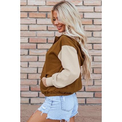 Chestnut Color Block Half Zip Kangaroo Pocketed Hoodie