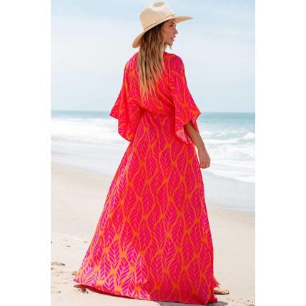 Orange Leafy Print 3/4 Sleeve V Neck Buttoned Split Maxi Dress