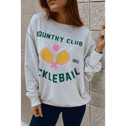 Light Grey COUNTRY CLUB PICKLEBALL Graphic Exposed Stitching Casual Sweatshirt