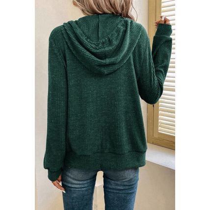 Evergreen Ribbed Zip Up Front Drawstring Hoodie