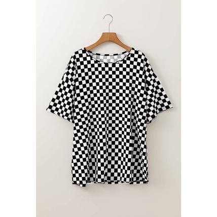 Black Checkered Print Side Slits O Neck Plus Size T Shirt