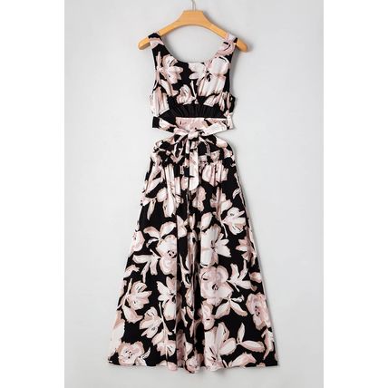 Black Floral Cutout Square Neck Knot Back Sleeveless Maxi Dress
