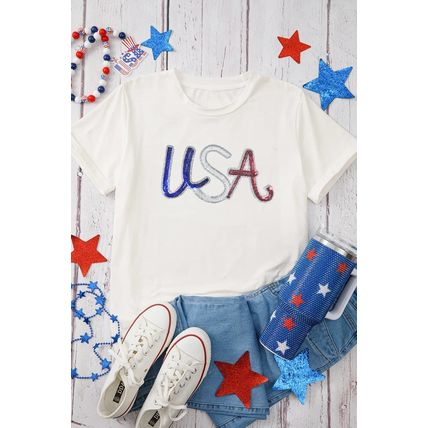 White Sequin USA Graphic Crew Neck Patriotic Tee