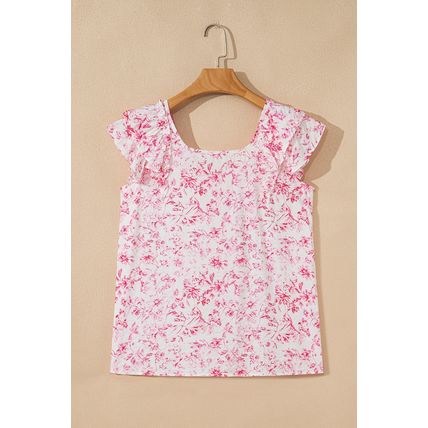 Pink Floral Ruffled Short Sleeve Bow Back Square Neck Blouse