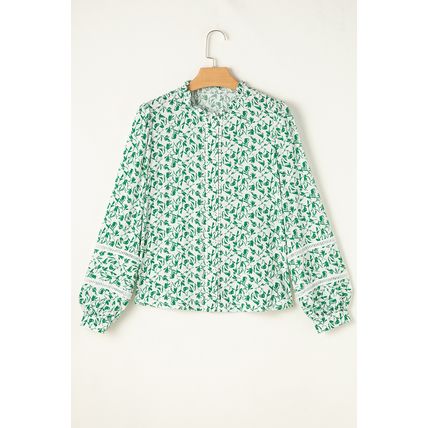 Green Printed Lace Detail Floral Puff Sleeve Fall Shirt