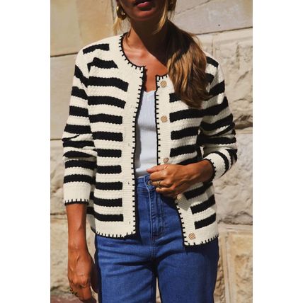 Black Stripe Chic Golden Button Cardigan Sweater
