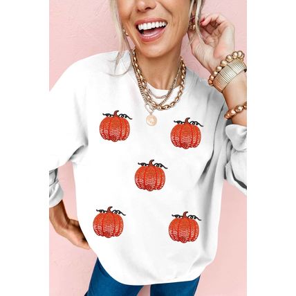 White Sequin Pumpkin Patched Drop Shoulder Sweatshirt
