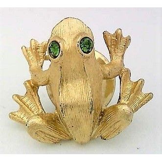 Vintage Gold Tone Green Rhinestone Jewel Eyed Frog Pin Tie Tac