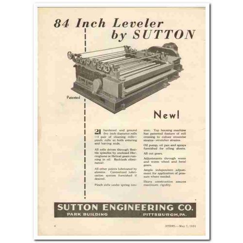 SUTTON ENGINEERING COMPANY 1931 Leveler industry steel mill vintage ad