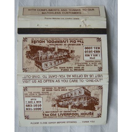 Matchbook Cover The Old Liverpool House, Pickering, Ontario