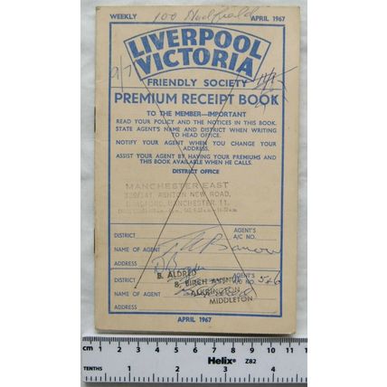 1967 Liverpool Victoria Friendly Society premium receipt book Gaye, Oldham