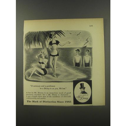 1956 Disney Hats Ad - Cartoon by Richard Taylor - A castaway and a gentleman