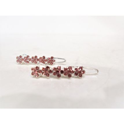 Two small tiny pink flower crystal hair pin clip barrettes fine hair