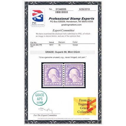 493, Mint NH Superb 3¢ Coil Pair - PSE Certificate Graded 98 * Stuart Katz
