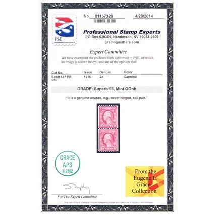 487, Mint NH Superb 2¢ Coil Pair - PSE Certificate Graded 98 * Stuart Katz