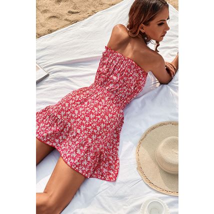 Women's Strapless BOHO Beach Floral Dresses Summer Holiday Mini Dress Sundress
