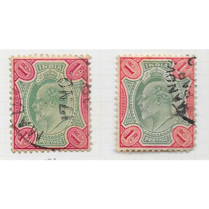 INDIA 1902 KE7 ONE RUPEES 1R x2 STAMPS SHADES LOT USED SG136 137 136 SG137 SG #2