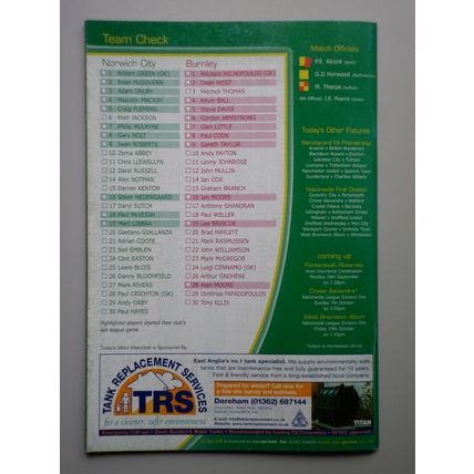 NORWICH CITY v BURNLEY Div1 22/09/2001