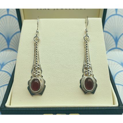 Vintage 925 Sterling Silver and Red Carnelian Cabochon Drop Earrings With Box