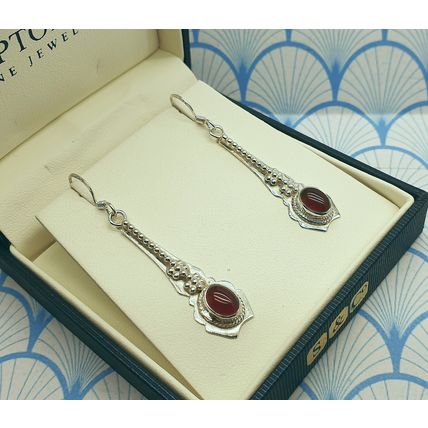 Vintage 925 Sterling Silver and Red Carnelian Cabochon Drop Earrings With Box