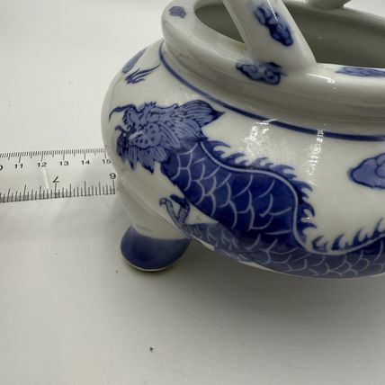 Vtg Quainlong Chinese Incense Burner Bowl Porcelain Marked Dragons Tripod Handle