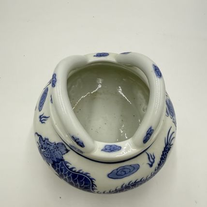 Vtg Quainlong Chinese Incense Burner Bowl Porcelain Marked Dragons Tripod Handle