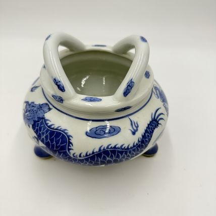 Vtg Quainlong Chinese Incense Burner Bowl Porcelain Marked Dragons Tripod Handle