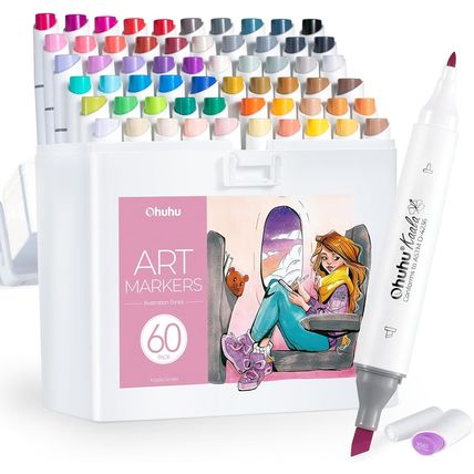 Ohuhu Alcohol Markers: 60 Colors Slim Broad and Fine Double Tipped Kaala Marker