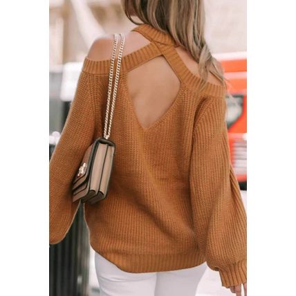 Brown Crew Neck Cold Shoulder Hollow-out Back Sweater