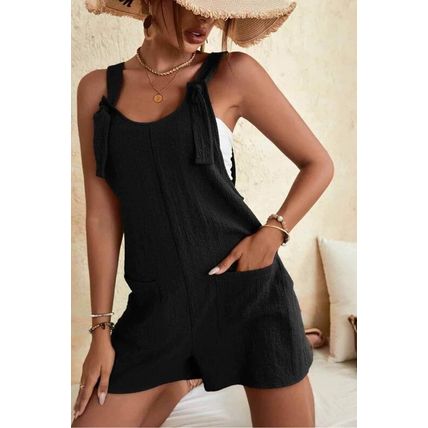Black Adjustable Straps Pocketed Textured Romper