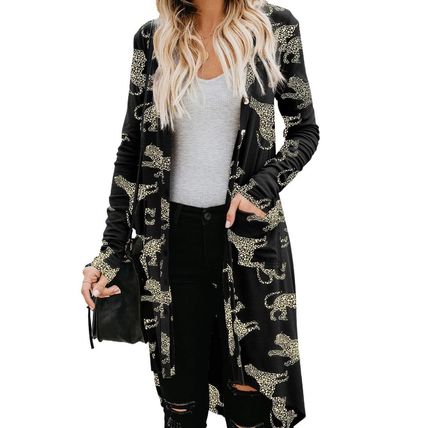 Black Printed Animal Print Ribbed Knit Cardigan