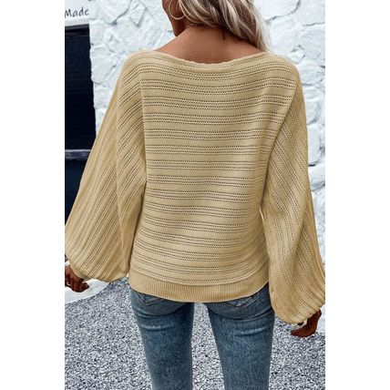 Apricot Lantern Sleeve Eyelets Textured Knit Sweater