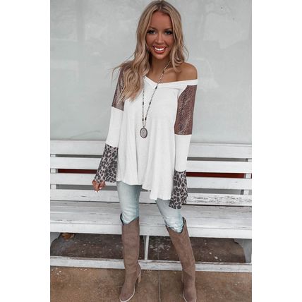 White Sequin Patchwork Bell Sleeve V Neck Tunic Top