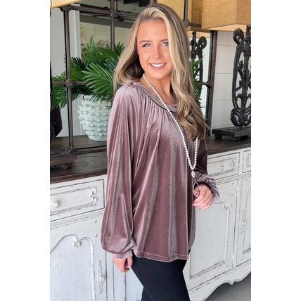 Rose Tan Button Keyhole Back Velvet Swing Top