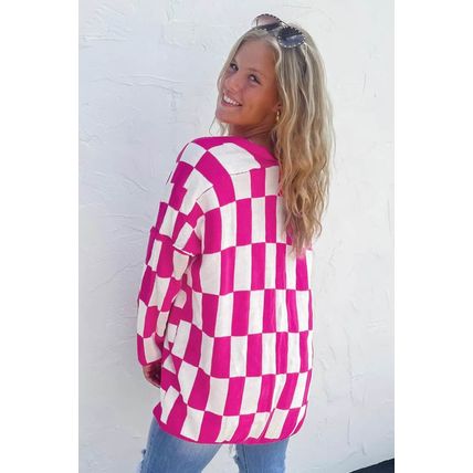 Bonbon Checkered Pattern Open Front Plus Size Cardigan