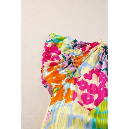 Multicolour Leopard Flutter Sleeve V Neck Crinkled Blouse