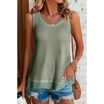 Sea Green Scoop Neck Waffle Knit Flowy Vest